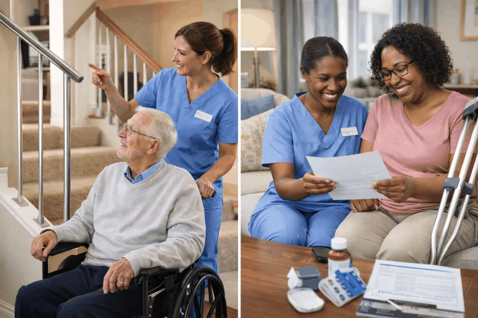 Care team guiding senior through adaptive devices