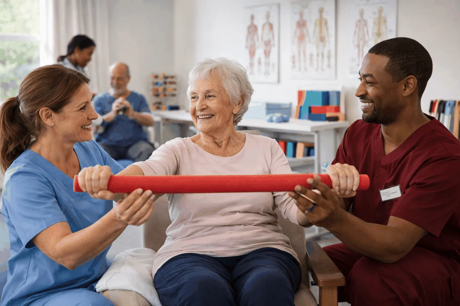 Therapist guiding client through exercises